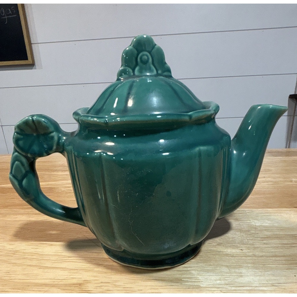 Shawnee Pottery Rosette Green Glossy Ceramic Teapot w/ Lid Included Handles